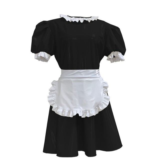 PVC Leather Dresses Sexy Maid  With White Apron Multicolor Bubble Short Sleeve  French Sissy Cosplay Costume Uniform Outfit