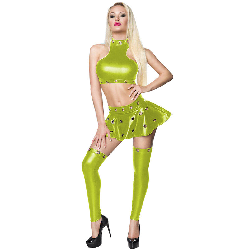 Women 3 Pcs Sets Faux Leather Crop Top+ Mini Skirt +Stocking Sexy Cosplay  Costumes Lady