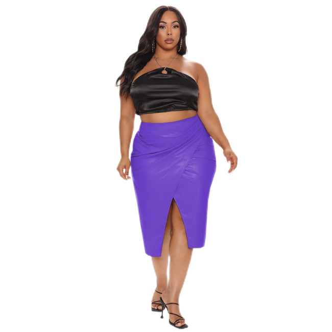 Elegant Front Slit Skirt Womens‘s Sexy Pleated High Elastic Waist Casual Skirt  PVC Leather Skinny Skirt Party Clubwear S-7XL