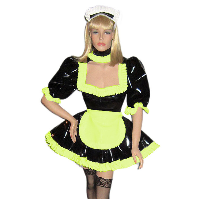 Sissy Lolita Dress Sexy Maid Outfits Turtleneck Puff Sleeve Dress Shiny PVC Leather Dress with Apron Gothic Dress Maid role play