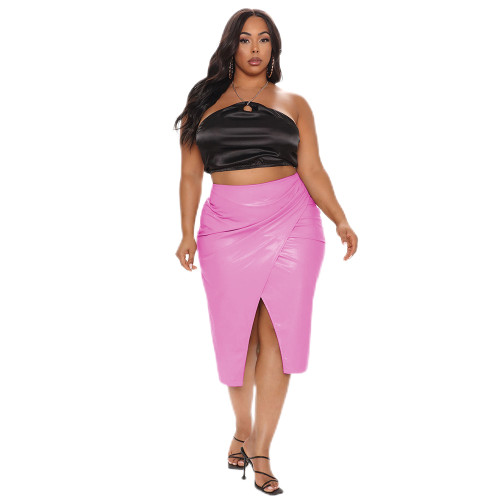Elegant Front Slit Skirt Womens‘s Sexy Pleated High Elastic Waist Casual Skirt  PVC Leather Skinny Skirt Party Clubwear S-7XL