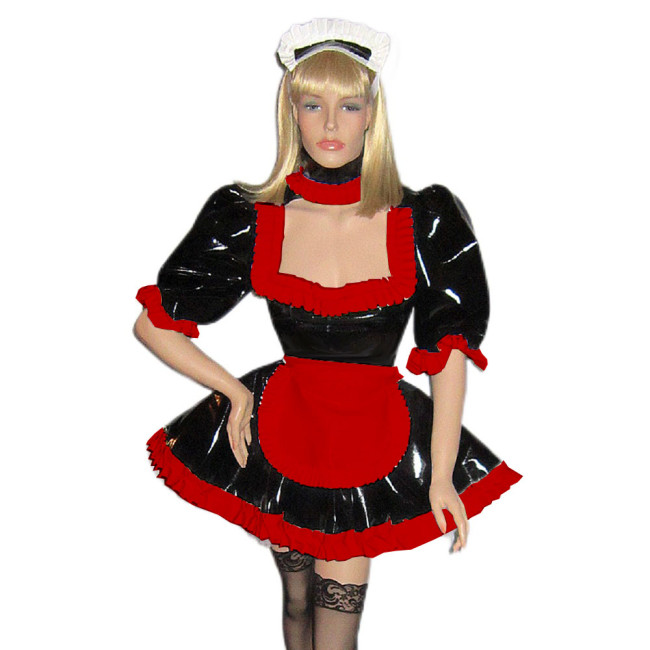 Sissy Lolita Dress Sexy Maid Outfits Turtleneck Puff Sleeve Dress Shiny PVC Leather Dress with Apron Gothic Dress Maid role play