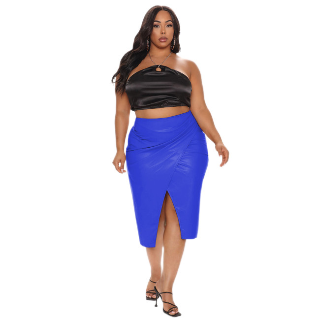 Elegant Front Slit Skirt Womens‘s Sexy Pleated High Elastic Waist Casual Skirt  PVC Leather Skinny Skirt Party Clubwear S-7XL