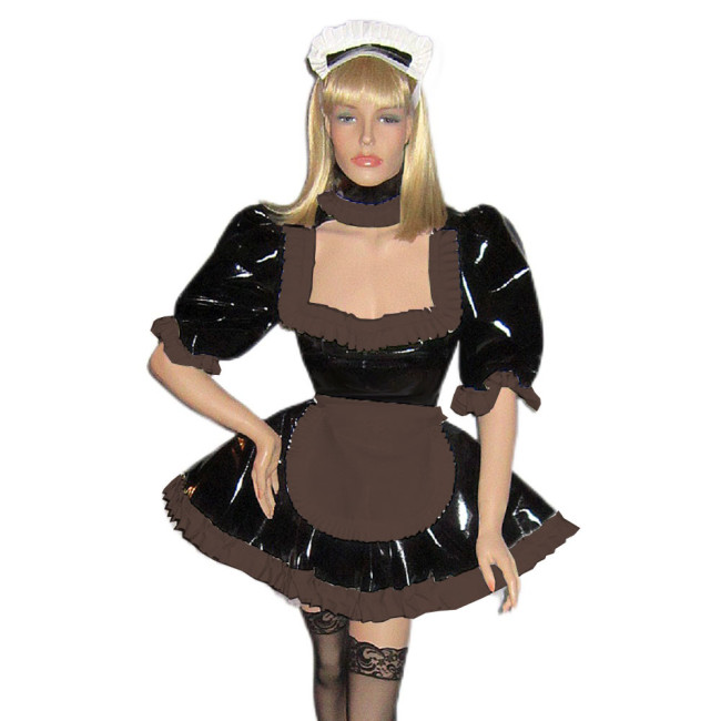 Sissy Lolita Dress Sexy Maid Outfits Turtleneck Puff Sleeve Dress Shiny PVC Leather Dress with Apron Gothic Dress Maid role play