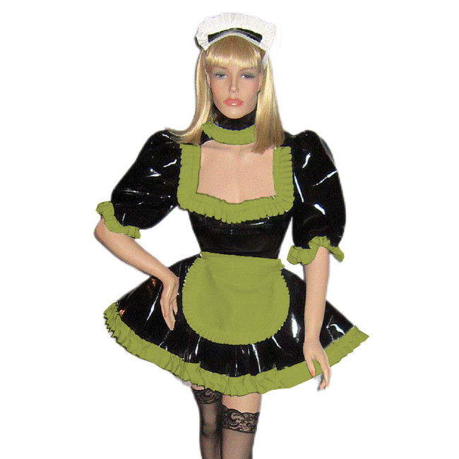 Sissy Lolita Dress Sexy Maid Outfits Turtleneck Puff Sleeve Dress Shiny PVC Leather Dress with Apron Gothic Dress Maid role play