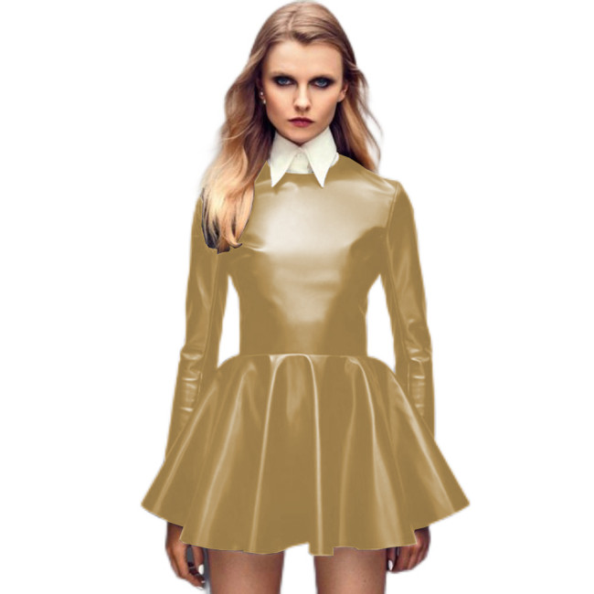 Sexy Sweet College Female Turn-down Collar Dress Gothic Leather Wet Look PVC  Long Sleeve Dress Ice Skating  A-Line Dress S-7XL