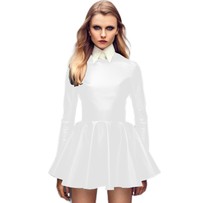 Sexy Sweet College Female Turn-down Collar Dress Gothic Leather Wet Look PVC  Long Sleeve Dress Ice Skating  A-Line Dress S-7XL
