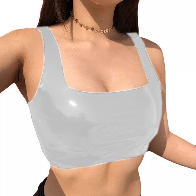 PU Crop Top Women Sexy Bodycon Vest  PVC Solid Sleeveless Off Shoulder Summer top  Vinyl Shiny Female Shirts  cropped  Tank tops