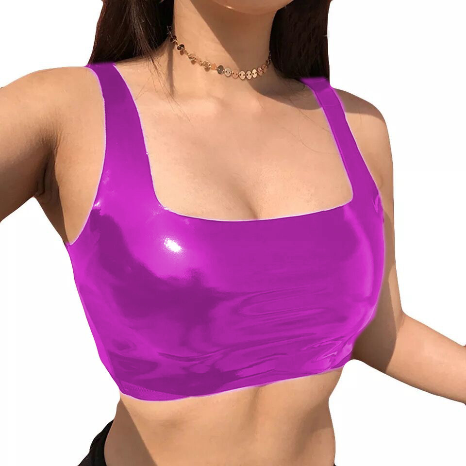 PU Crop Top Women Sexy Bodycon Vest PVC Solid Off Shoulder Summer top Vinyl Shiny