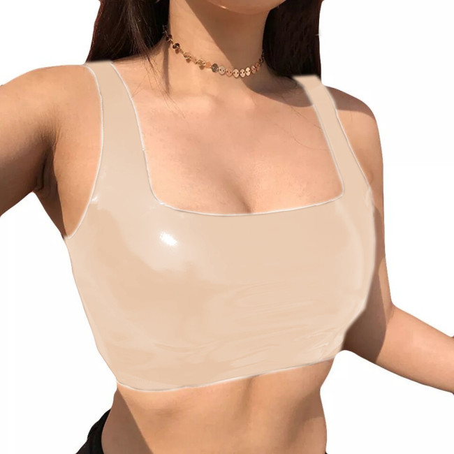 PU Crop Top Women Sexy Bodycon Vest  PVC Solid Sleeveless Off Shoulder Summer top  Vinyl Shiny Female Shirts  cropped  Tank tops