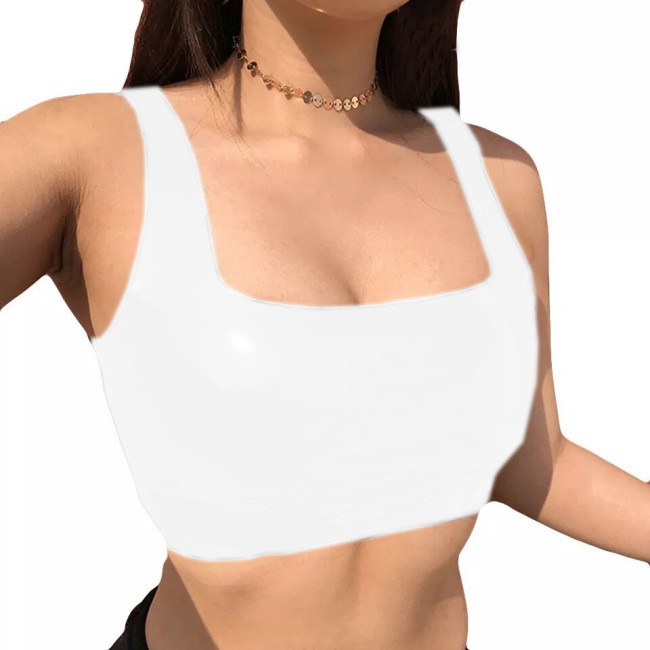 PU Crop Top Women Sexy Bodycon Vest  PVC Solid Sleeveless Off Shoulder Summer top  Vinyl Shiny Female Shirts  cropped  Tank tops