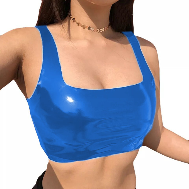 PU Crop Top Women Sexy Bodycon Vest  PVC Solid Sleeveless Off Shoulder Summer top  Vinyl Shiny Female Shirts  cropped  Tank tops