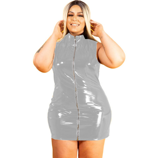 PVC Mini Dress Plus Size Lady Sleeveless Dress Front Zipper Casual Dresses Sexy Leather Party Clubwear S-7XL