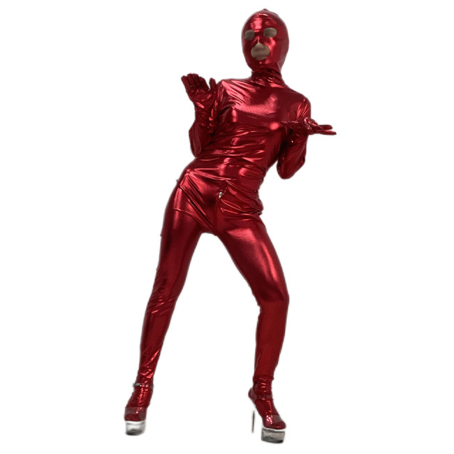 Brand New Coming! 2016 Sexy Women Black Red Fetish Costume Shiny Metallic Material Full Body Costume Jumpsuit Sexy Catsuit