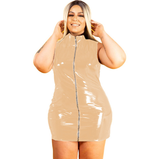 PVC Mini Dress Plus Size Lady Sleeveless Dress Front Zipper Casual Dresses Sexy Leather Party Clubwear S-7XL