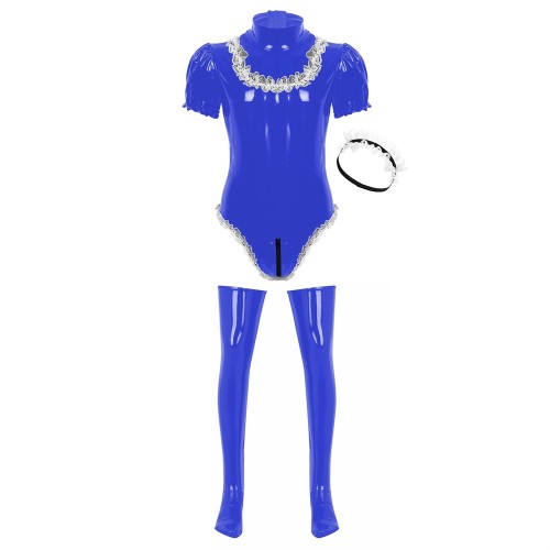 Men Adults Sissy Maid Cosplay Costume Wet Look Patent Leather Short Puff Sleeve Leotard Bodysuit With Stockings Lace Headband