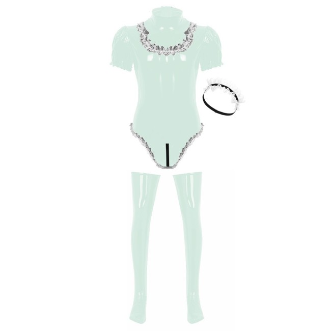 Men Adults Sissy Maid Cosplay Costume Wet Look Patent Leather Short Puff Sleeve Leotard Bodysuit With Stockings Lace Headband