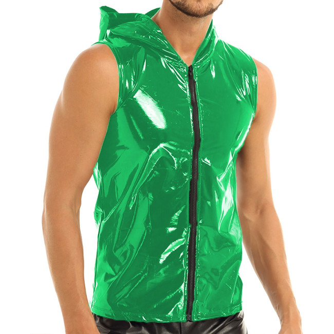 Wet Look PVC Zipper Tank Tops Shiny Scoop Neck Patent Leather Sleeveless Tanktop Men Punk Style Shirt Tops Vest With hooded 7XL