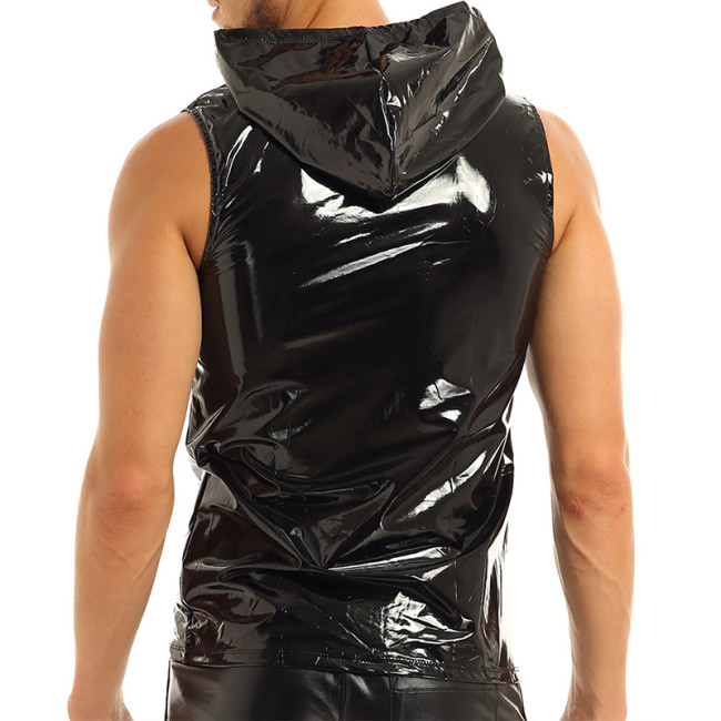 Wet Look PVC Zipper Tank Tops Shiny Scoop Neck Patent Leather Sleeveless Tanktop Men Punk Style Shirt Tops Vest With hooded 7XL