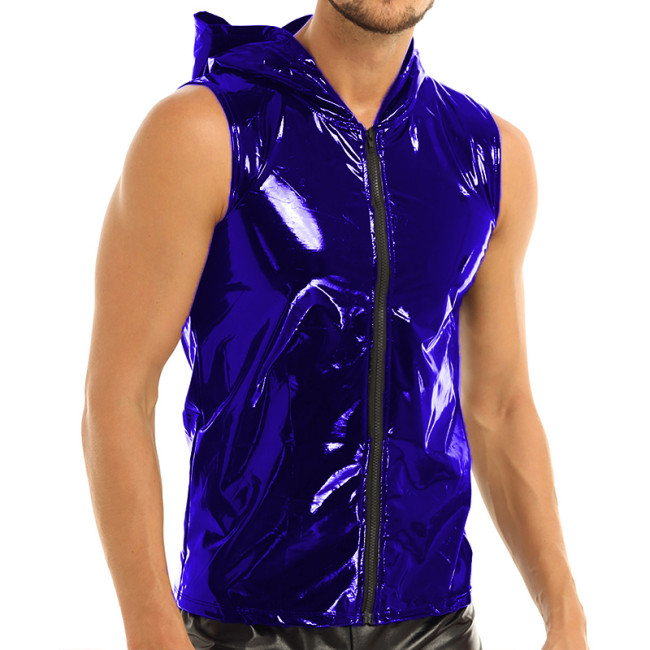 Wet Look PVC Zipper Tank Tops Shiny Scoop Neck Patent Leather Sleeveless Tanktop Men Punk Style Shirt Tops Vest With hooded 7XL