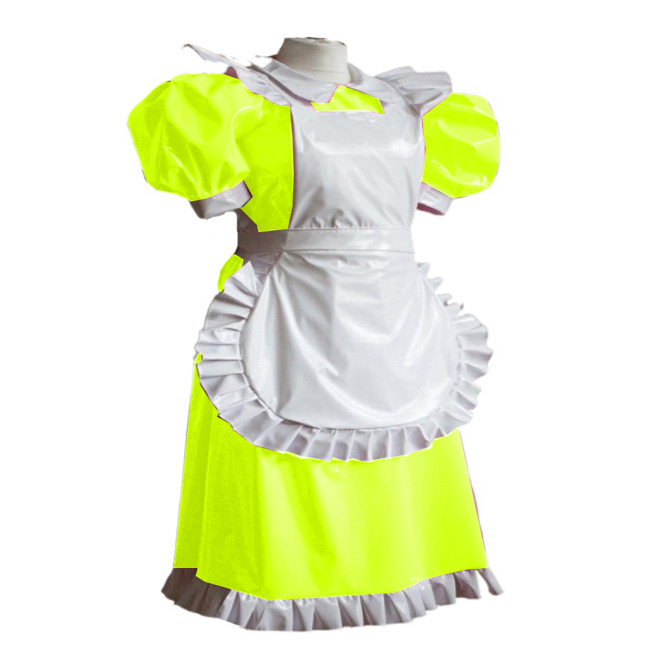 Sexy PVC Leather Lolita Dress Maid Cosplay Puff Sleeve Mini Paryt Club Dresses Shiny Faux Latex Clubwear