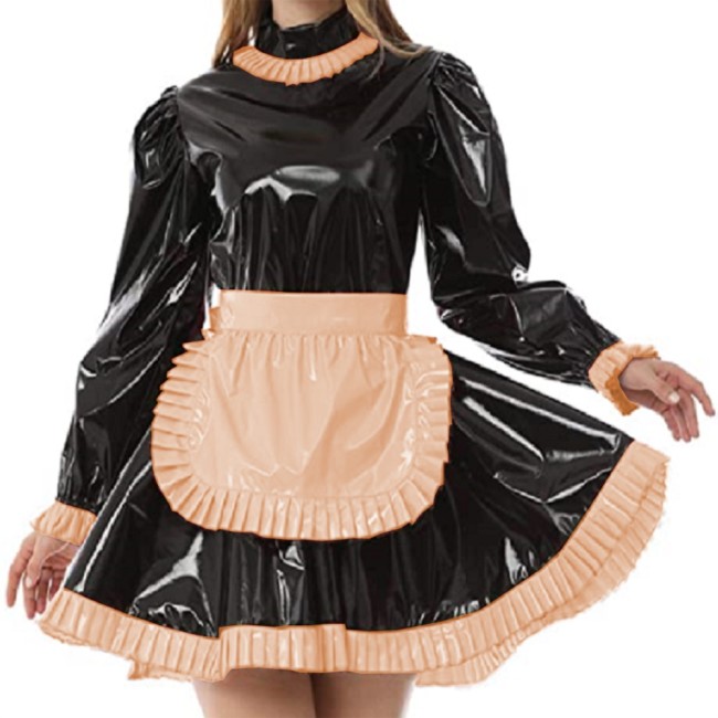 Sexy Sissy PVC French Maid Dress Long Puff Sleeve Servant Uniform Flared Dress with Apron Middle Neck Gothic Maid Uniform Custom