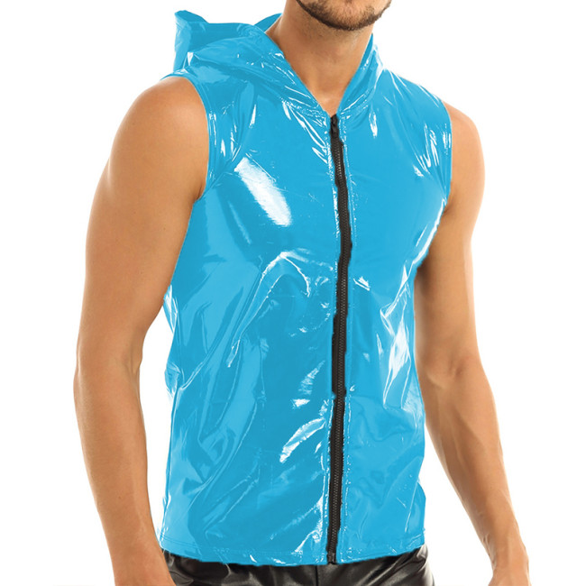 Wet Look PVC Zipper Tank Tops Shiny Scoop Neck Patent Leather Sleeveless Tanktop Men Punk Style Shirt Tops Vest With hooded 7XL