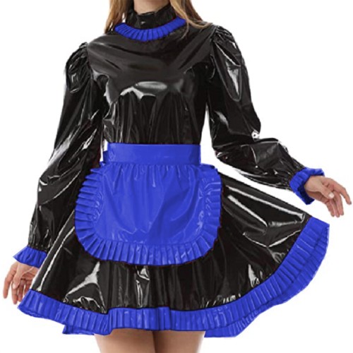 Sexy Sissy PVC French Maid Dress Long Puff Sleeve Servant Uniform Flared Dress with Apron Middle Neck Gothic Maid Uniform Custom