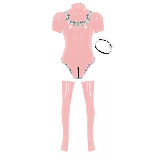 Men Adults Sissy Maid Cosplay Costume Wet Look Patent Leather Short Puff Sleeve Leotard Bodysuit With Stockings Lace Headband