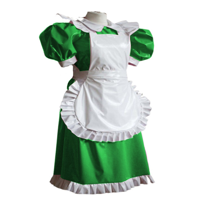 Sexy PVC Leather Lolita Dress Maid Cosplay Puff Sleeve Mini Paryt Club Dresses Shiny Faux Latex Clubwear