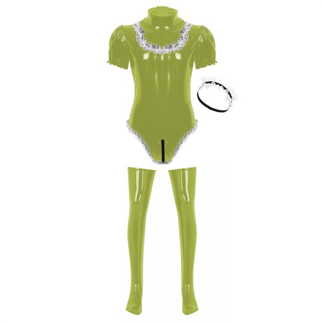 Men Adults Sissy Maid Cosplay Costume Wet Look Patent Leather Short Puff Sleeve Leotard Bodysuit With Stockings Lace Headband