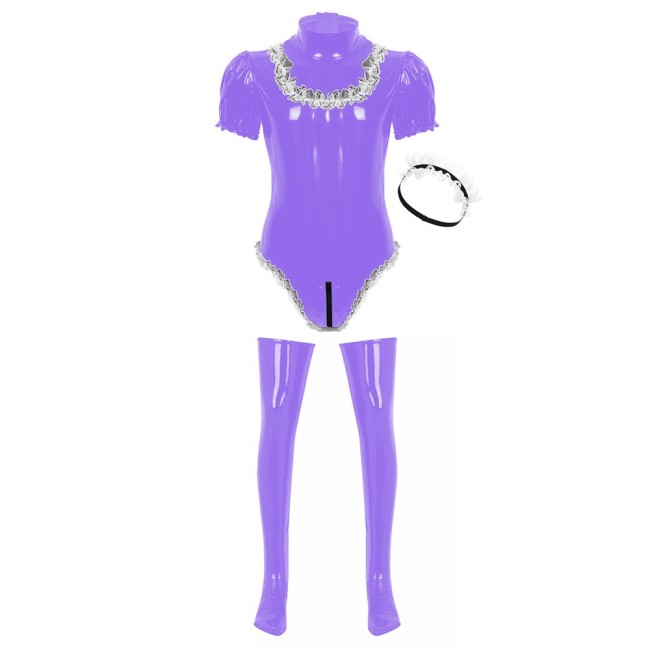 Men Adults Sissy Maid Cosplay Costume Wet Look Patent Leather Short Puff Sleeve Leotard Bodysuit With Stockings Lace Headband
