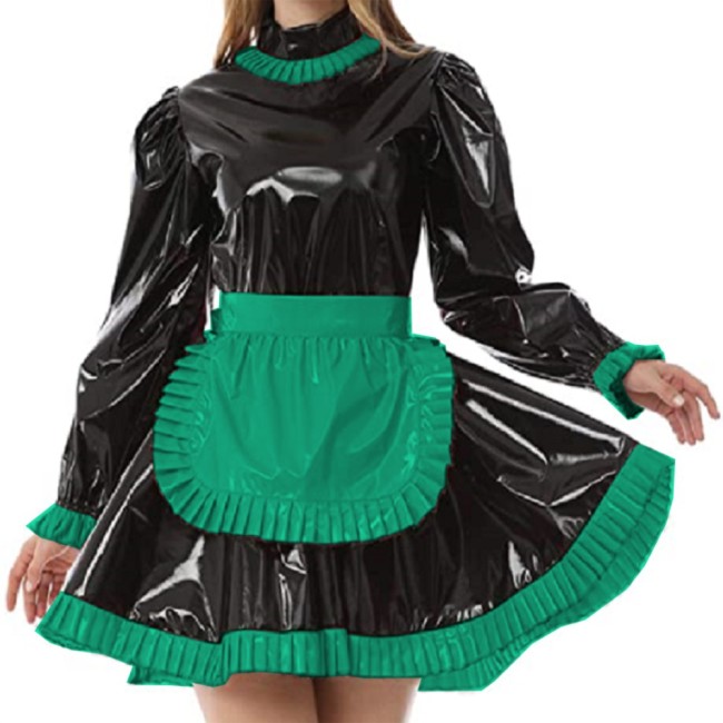 Sexy Sissy PVC French Maid Dress Long Puff Sleeve Servant Uniform Flared Dress with Apron Middle Neck Gothic Maid Uniform Custom