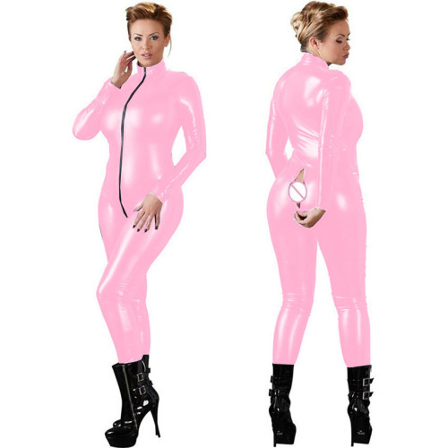 Plus Size Faux Leather Catsuit Long Sleeve 2 Way Zipper Bodysuit Pole Dance Nightclub Cosplay Costume Fetish Sexy Bodysuits