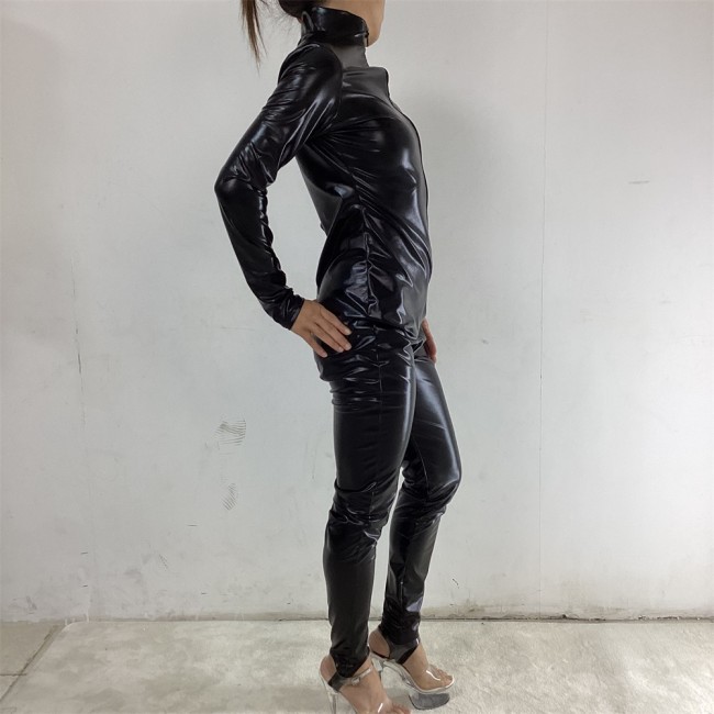 Hot Sexy Women Black Faux Leather Catsuit Long Sleeve Bodycon Jumpsuit Front Zipper Stretch Bodysuit Erotic Night Clubwear