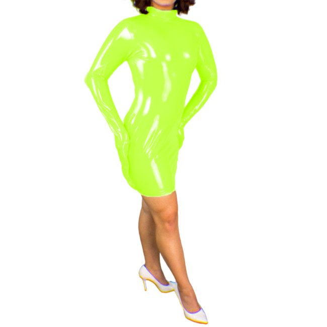 Sexy PVC Skinny Fetish Erotic Mini Dress Women Bondage PU Patent Leather Nightclub Bodycon Dress Long Sleeve Short Dress XS-7XL