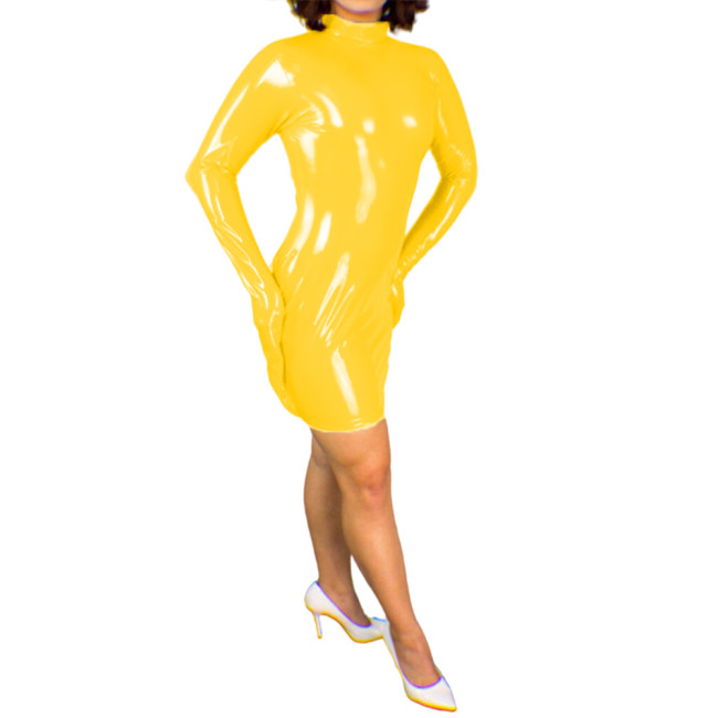 Sexy PVC Skinny Fetish Erotic Mini Dress Women Bondage PU Patent Leather Nightclub Bodycon Dress Long Sleeve Short Dress XS-7XL