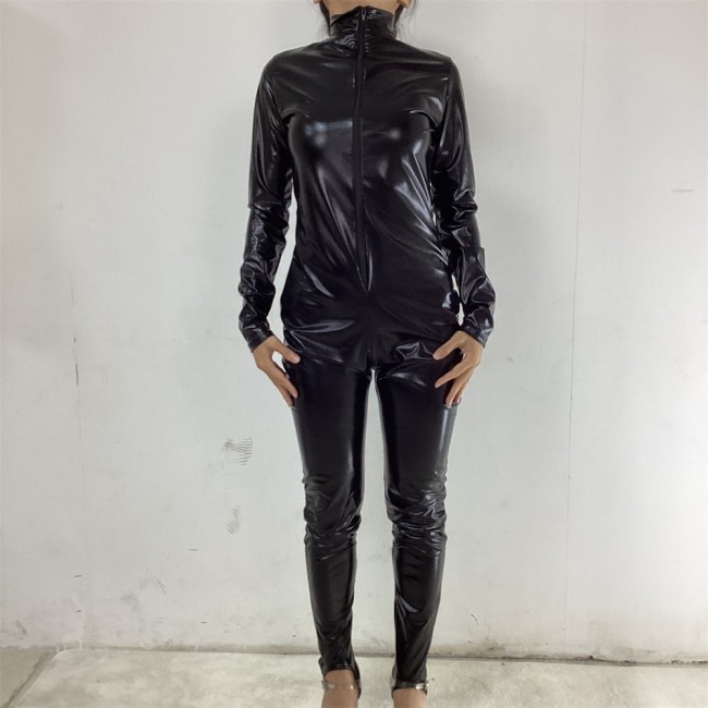 Hot Sexy Women Black Faux Leather Catsuit Long Sleeve Bodycon Jumpsuit Front Zipper Stretch Bodysuit Erotic Night Clubwear