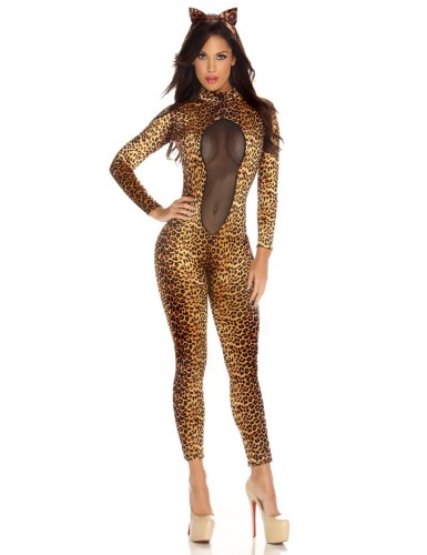 Halloween Cosplay Costume Sexy Women Leopard Print Catsuit Animal Themed Party Outfits Long Sleeve Jumpsuit With Headwear