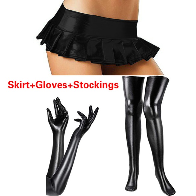 Plus Size 3 PCS Set Women Pleated Mini Skirt With Thigh High Stockings And Long Gloves Shiny Metallic Cosplay Nightclub Costume