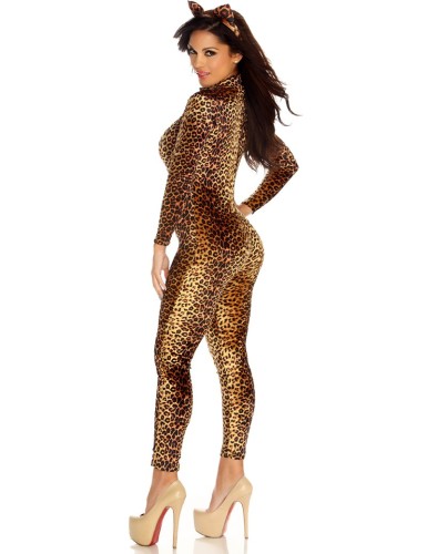 Halloween Cosplay Costume Sexy Women Leopard Print Catsuit Animal Themed Party Outfits Long Sleeve Jumpsuit With Headwear