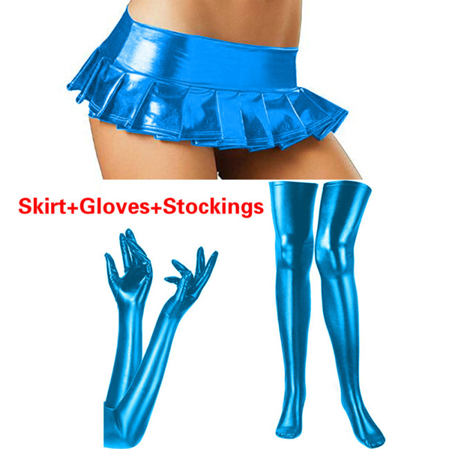 Plus Size 3 PCS Set Women Pleated Mini Skirt With Thigh High Stockings And Long Gloves Shiny Metallic Cosplay Nightclub Costume