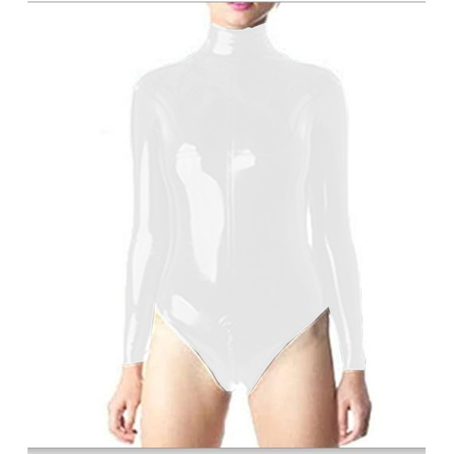 Sexy Women PVC Shiny Bodysuit Long Sleeve Bandage One Piece Patent Leather Dance Wear Turtleneck Sexy Tight Slim Catsuit
