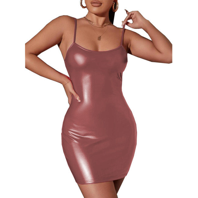 Sexy PU Leather Bodycon Midi Dress Women Spaghetti Straps Slim Dress Matt Leather Wet Look Ladies Party  Dress Clubwear 7XL