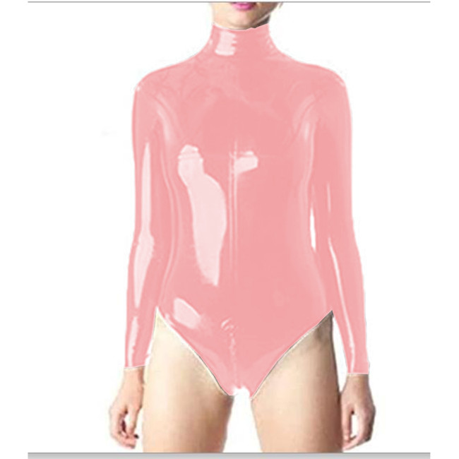 Sexy Women PVC Shiny Bodysuit Long Sleeve Bandage One Piece Patent Leather Dance Wear Turtleneck Sexy Tight Slim Catsuit