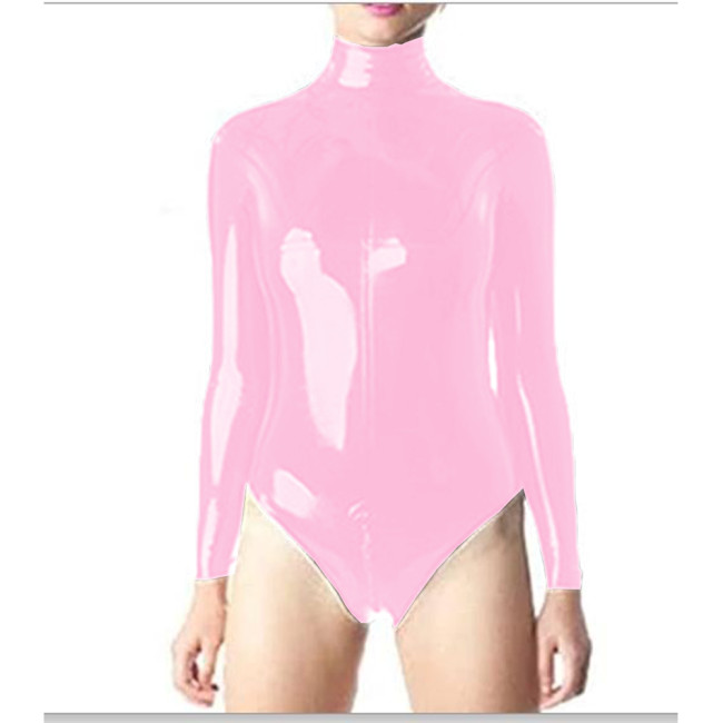 Sexy Women PVC Shiny Bodysuit Long Sleeve Bandage One Piece Patent Leather Dance Wear Turtleneck Sexy Tight Slim Catsuit