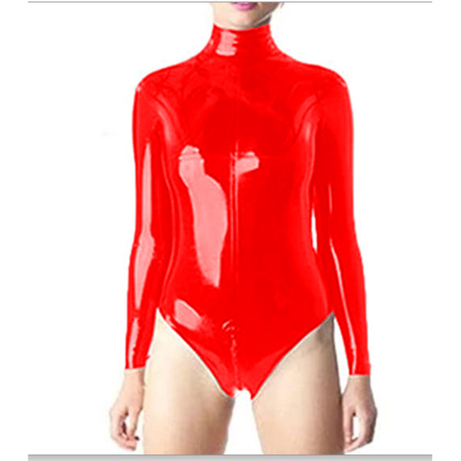 Sexy Women PVC Shiny Bodysuit Long Sleeve Bandage One Piece Patent Leather Dance Wear Turtleneck Sexy Tight Slim Catsuit