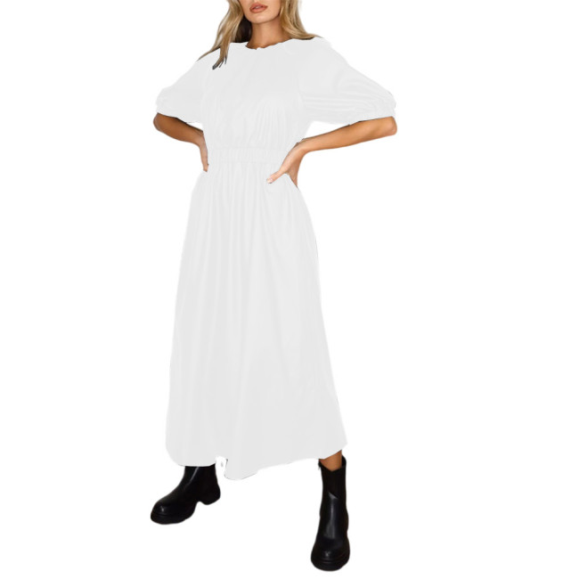 Puff Sleeve Dress PU Leather Skater Dress Women Waist Elastic Dress Long Dress  Lady Solid Color A-Line Dress Maxi Dress S-7XL