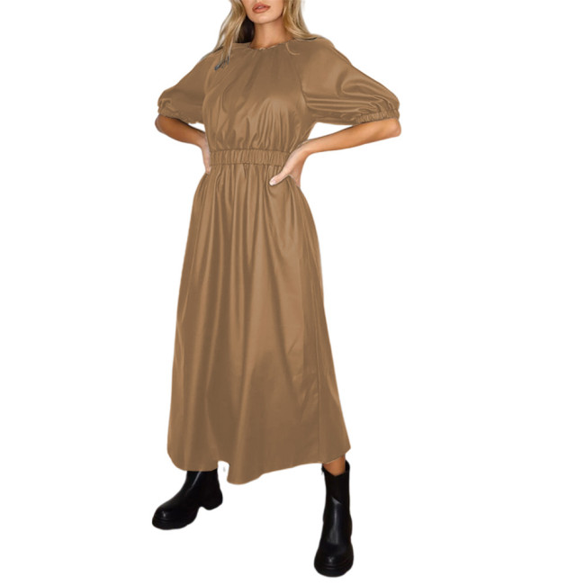 Puff Sleeve Dress PU Leather Skater Dress Women Waist Elastic Dress Long Dress  Lady Solid Color A-Line Dress Maxi Dress S-7XL