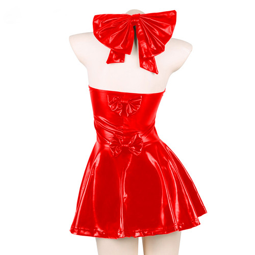 Sexy Japanese PU Leather Halter Neck Dress Sweet Sleeveless Backless Lolita Mini Dress Bowknot Maid Loli Harajuku Dress Clubwear